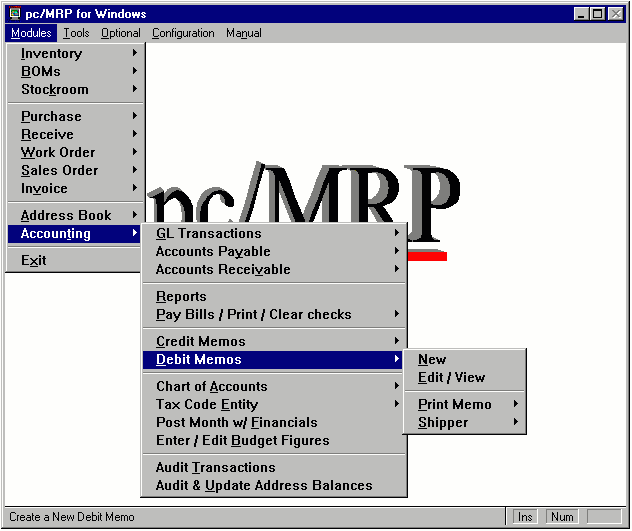 DEBIT MEMO MENU
