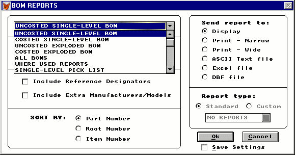 BOM REPORT MENU WITH DROP DOWN