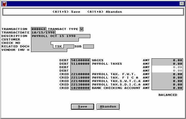 General Ledger Transaction Type Menu