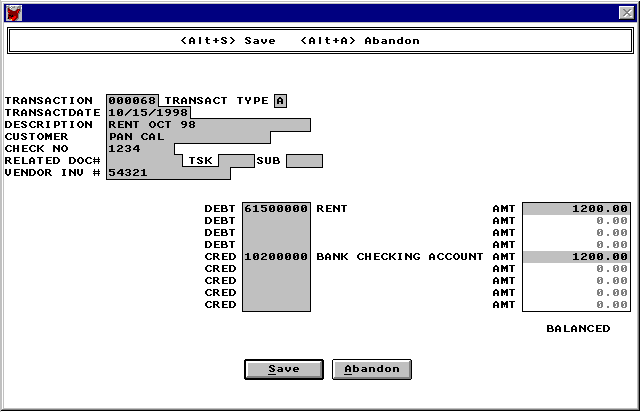 General Ledger Transaction Type Menu