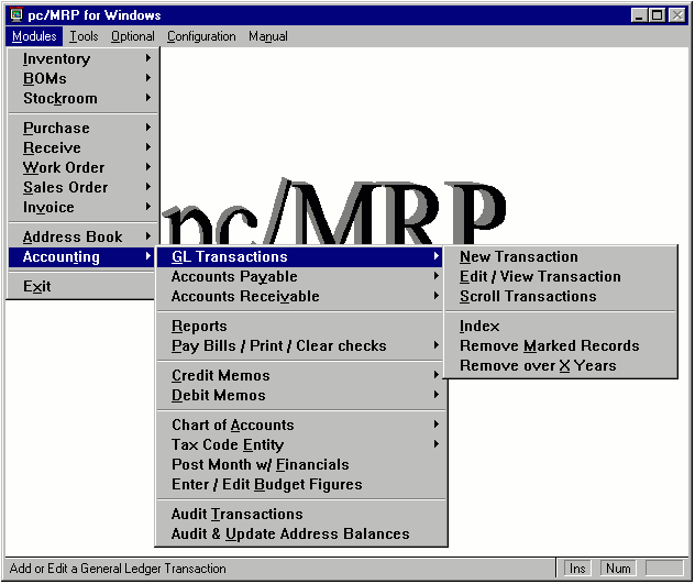 General Ledger Transaction Menu