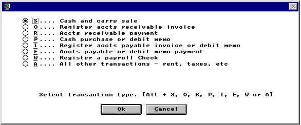 General Ledger Transaction Type Menu