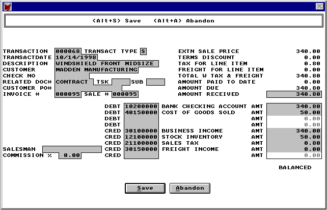 General Ledger Transaction Type Menu