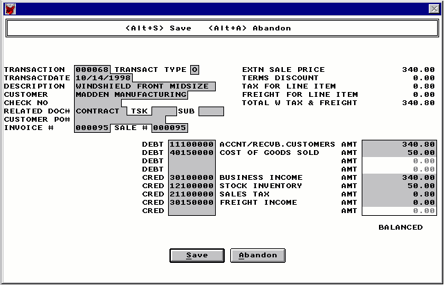 General Ledger Transaction Type Menu