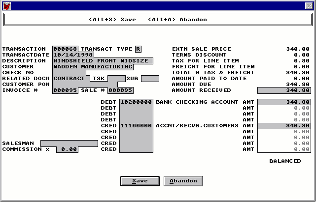 General Ledger Transaction Type Menu
