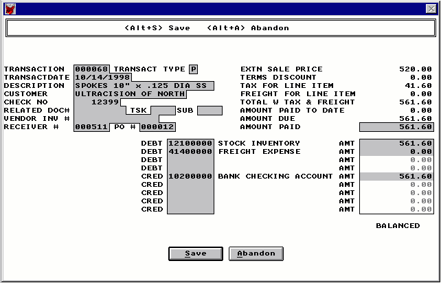 General Ledger Transaction Type Menu