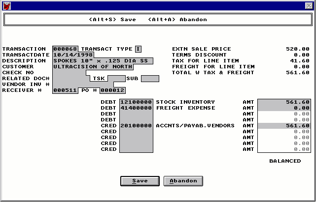 General Ledger Transaction Type Menu