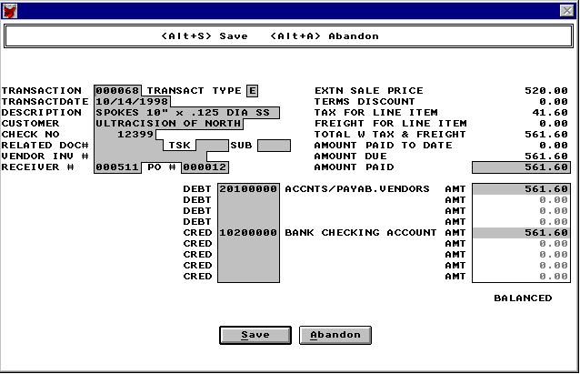 General Ledger Transaction Type Menu