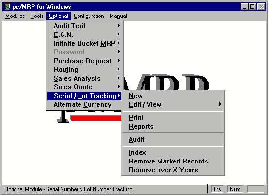 SERIAL/LOT TRACKING MENU
