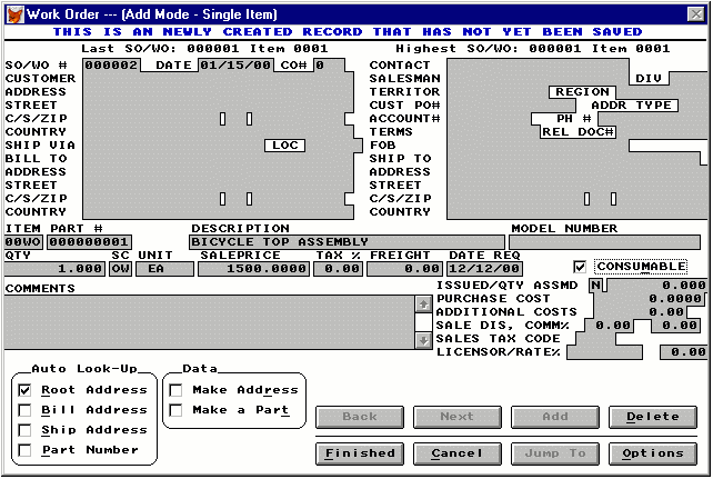Work Order Data Entry Screen